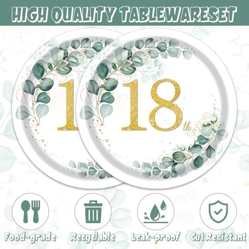 40Pcs Sage Greenery Birthday Plates Napkins Set for 18th Party