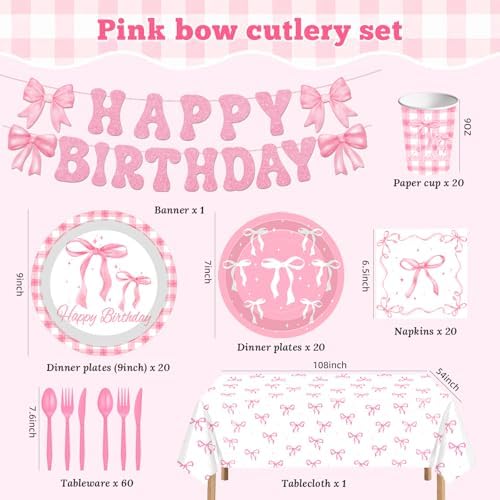 142pcs Pink Bow Party Set for 20 Guests