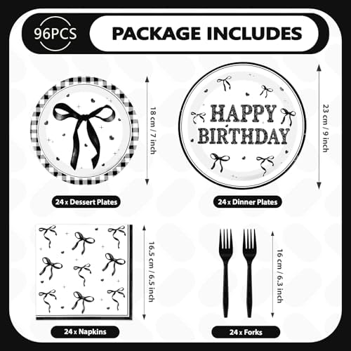 Grencian 96Pcs Black Bow Decor Plates Party Supplies