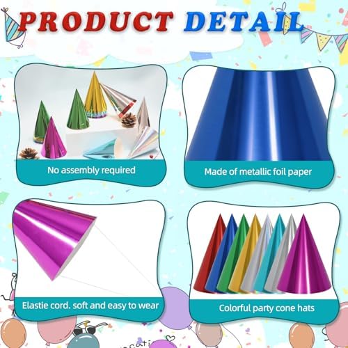 HEYTIMI 40 or 80 Pcs Metallic Cone Party Hats with Elastic String
