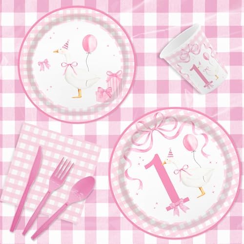 MEHOFOND 168pcs Silly Goose Birthday Plates Set for Girls