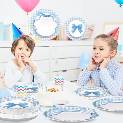96Pcs Blue Bow Plates Napkins Forks Set for Birthday Party