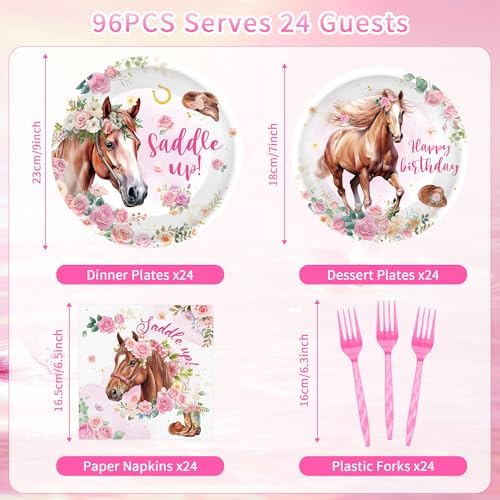 96 Pcs Horse Birthday Party Tableware Set for Girls