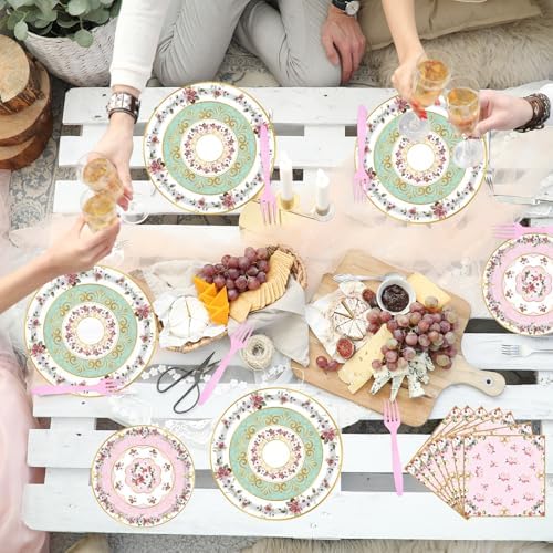 96pcs Floral Party Plates Napkins Forks Set for 24 Guests