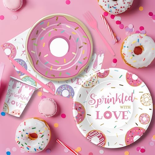 Pink Donut Sprinkle Baby Shower Tableware Set for 24 Guests