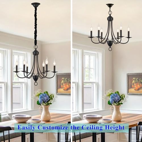 6 Light Black Farmhouse Chandelier with Adjustable Chain