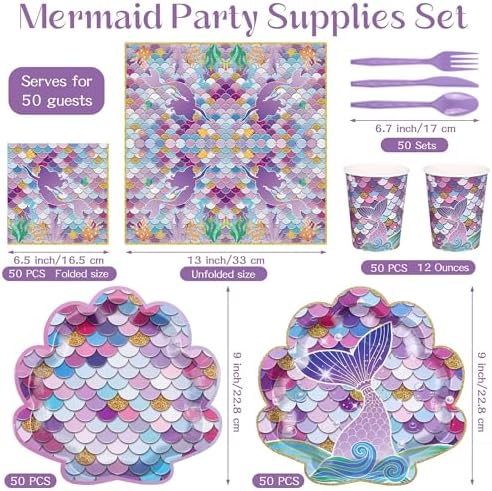 Aodaer Mermaid Party Tableware Set for 50 Guests