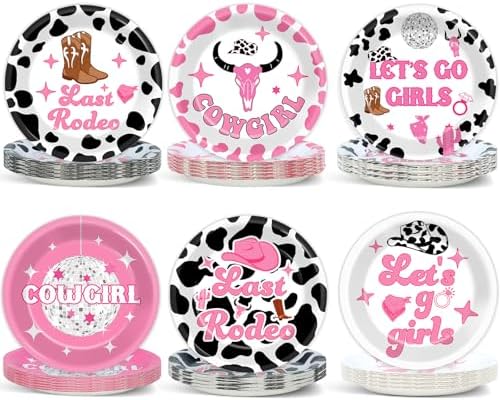 48Pcs Western Cowgirl Party Plates with Disco Designs