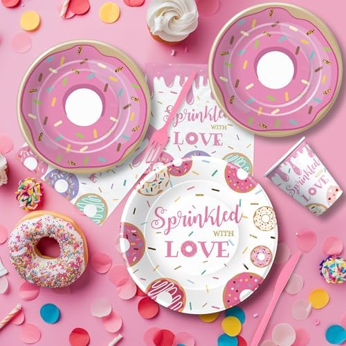 Pink Donut Sprinkle Baby Shower Tableware Set for 24 Guests