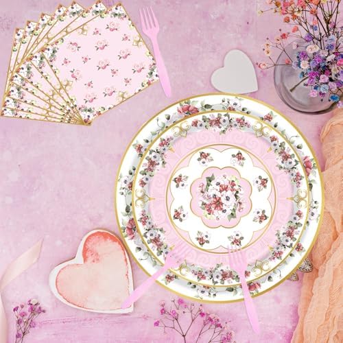 96pcs Floral Party Plates Napkins Forks Set for 24 Guests