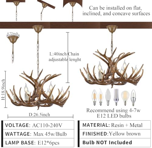 Brown Rustic Antler Chandelier 6 Light Farmhouse Style