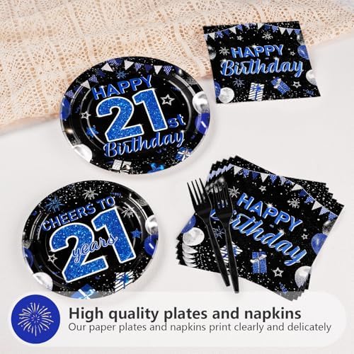 96Pcs Blue Black 21st Birthday Plates Napkins Set for 24 Guests