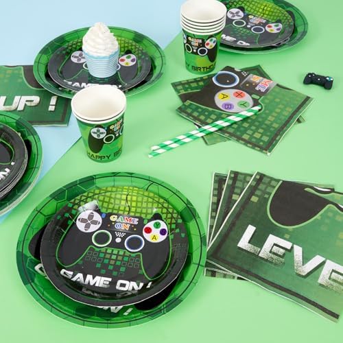 WERNNSAI Video Game Party Decorations 64 PCS Plates Napkins Cups