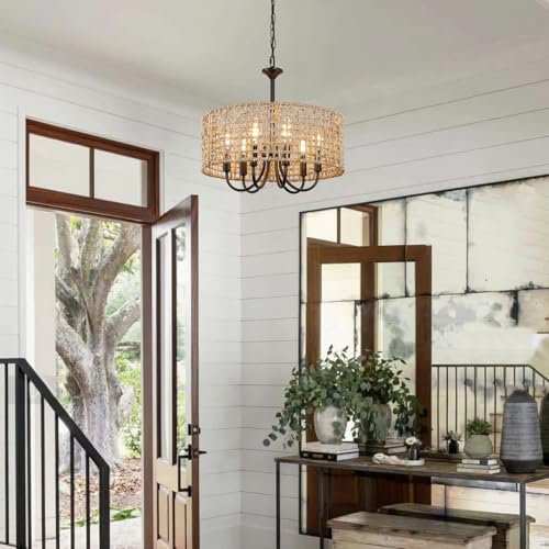 LynPon 177 Inch Black Rattan Chandelier with 6 Lights
