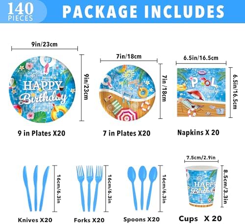 140Pcs Pool Party Tableware Set for 20 Guests