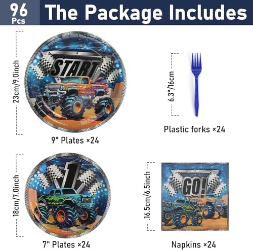 96 Pcs Monster Truck Dark Blue Party Plates Set
