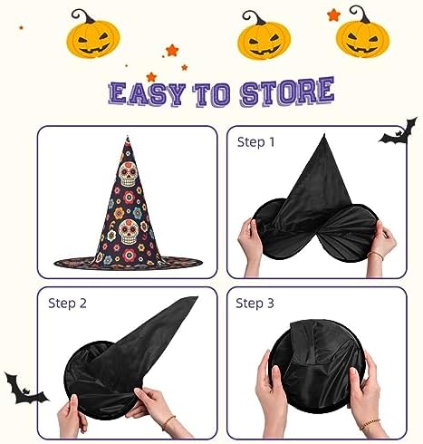 Foldable Sugar Skulls Halloween Witch Hat for Parties and Cosplay