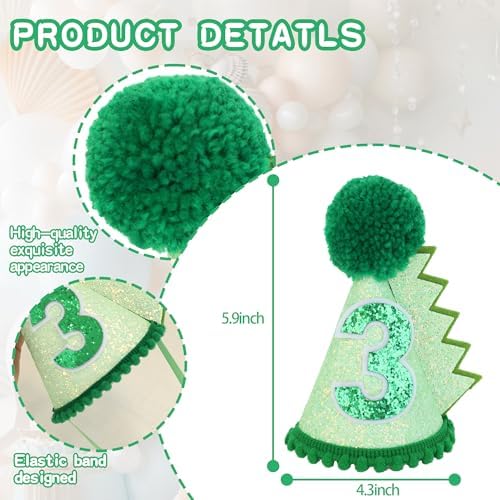 Green Glitter Dinosaur Birthday Cone Hat for Kids