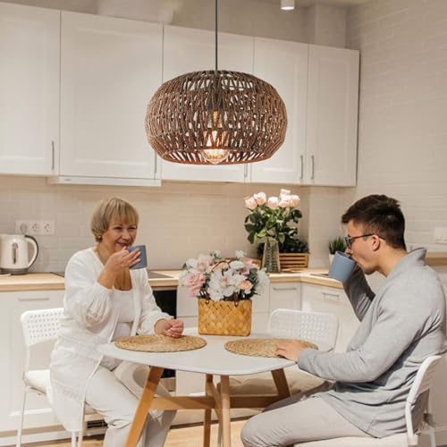 Boho Rattan Chandelier with Handwoven Lampshade 1-Light
