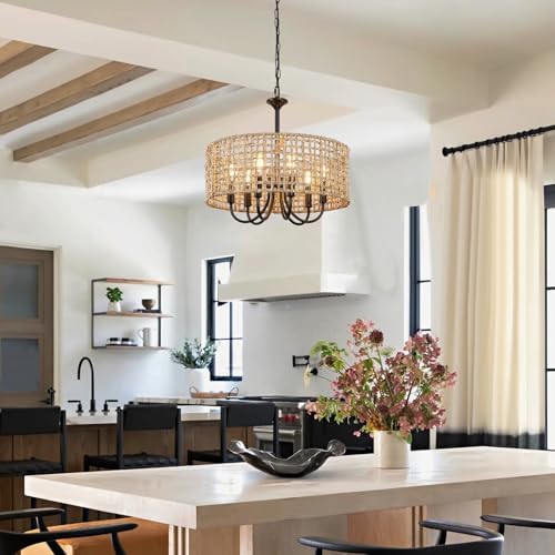 LynPon 177 Inch Black Rattan Chandelier with 6 Lights