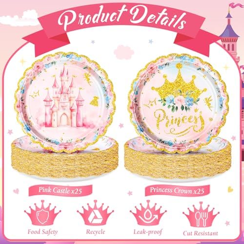 50 Pcs Gold Edge Princess Party Plates For Girls Birthday Celebration