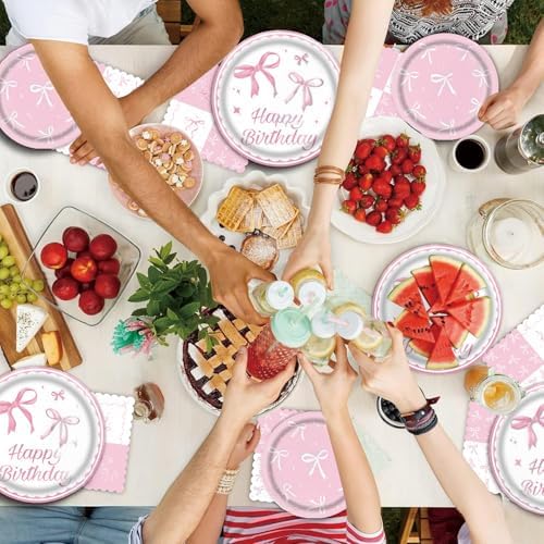 Pink Bow Party Plates Set for 24 Guests