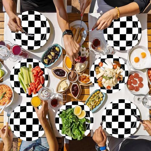 100 Pack Race Car Paper Plates 9 Inch Checkered Flag