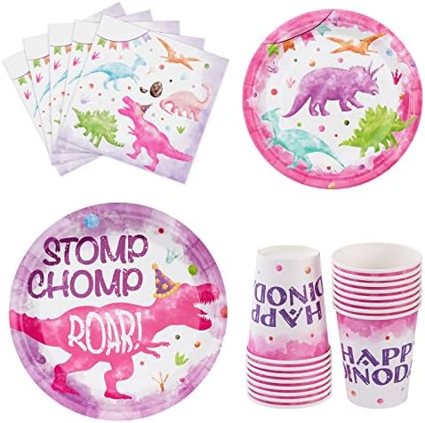 WERNNSAI Pink Dinosaur Party Plates 64 PCS Decorations