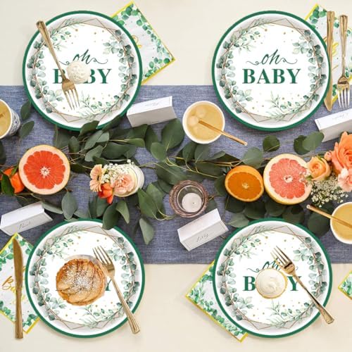 50Pcs Oh Baby Paper Plates Sage Green Party Supplies