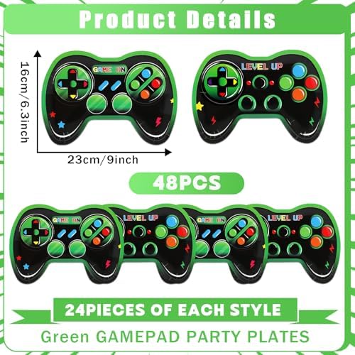48Pcs Green Gamepad Shaped Paper Plates for Gaming Birthday Party
