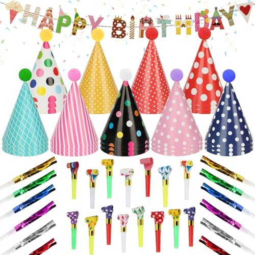 94 Piece Birthday Cone Hats with Banner and Blowouts
