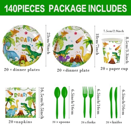 140Pcs Dinosaur Party Tableware Set for 20 Kids
