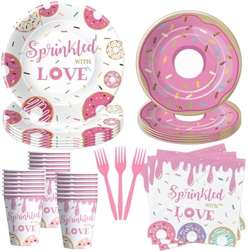 Pink Donut Sprinkle Baby Shower Tableware Set for 24 Guests