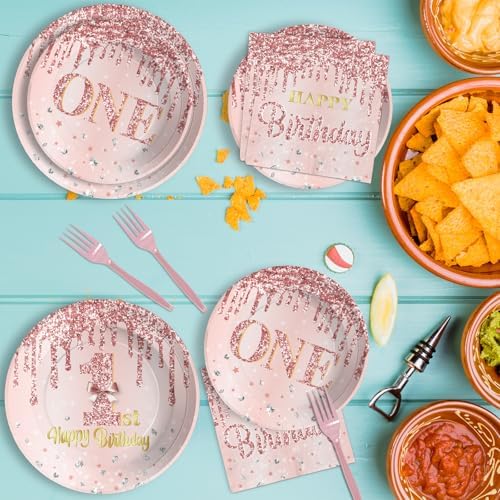 Grencian 96 Pcs 1st Birthday Plates Rose Gold Set for Girl