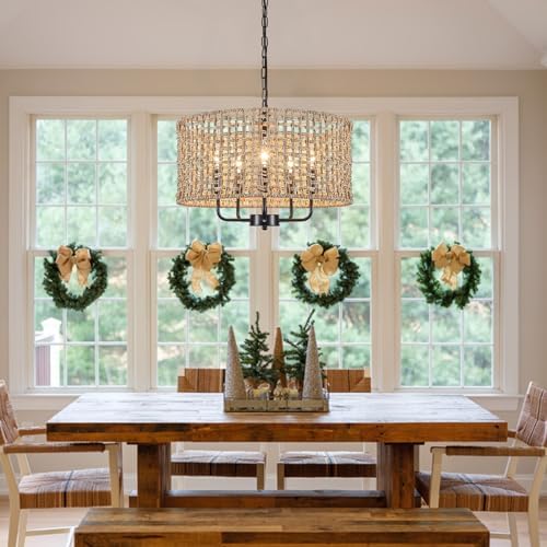 LASENCHOO 5 Light Rattan Drum Chandelier with Height Adjustment