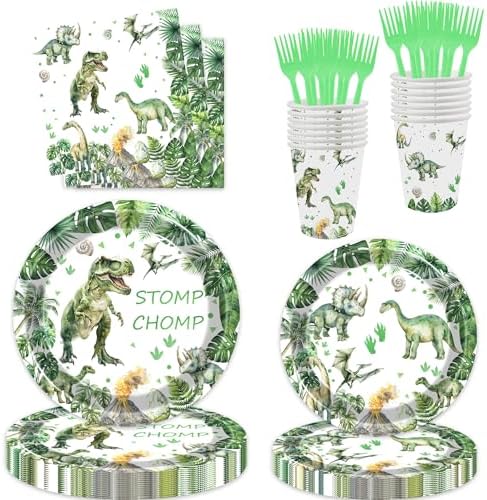 100 Pcs Dinosaur Party Tableware Green Plates Napkins Cups Forks