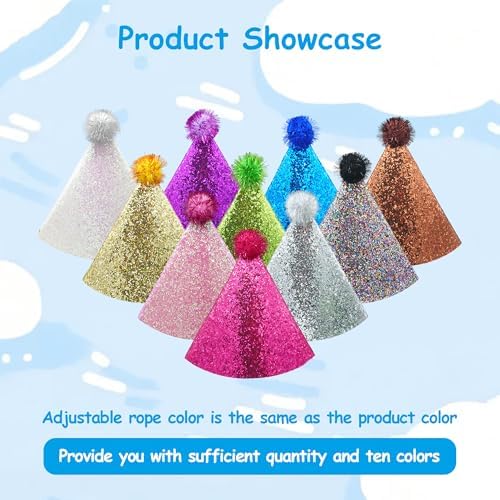 10 Pcs Glitter Pom Pom Party Hats with Elastic Band