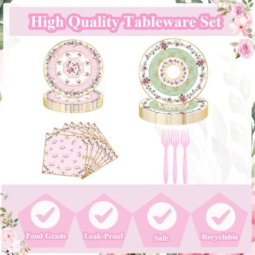 96pcs Floral Party Plates Napkins Forks Set for 24 Guests