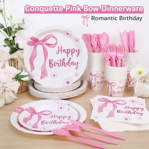 Pink Bow Birthday Plates Set for 25 Guests