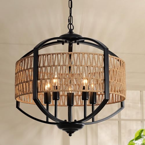 5-Light Rattan Chandelier Modern Farmhouse Style