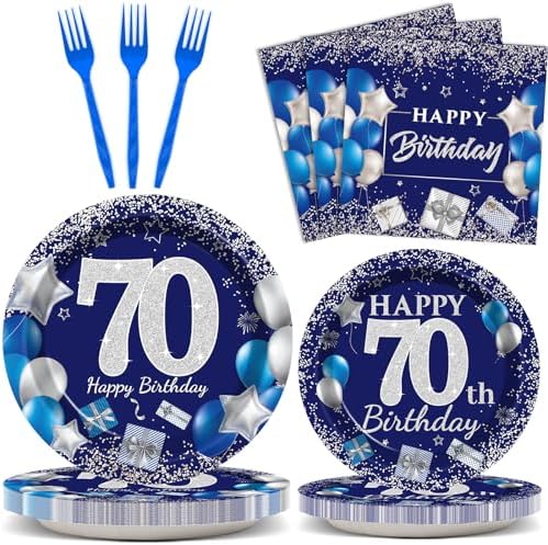 96 Pcs 70th Birthday Plates Decor for 24 Guests