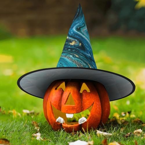Blue Gold Marble Print Witch Halloween Party Hat