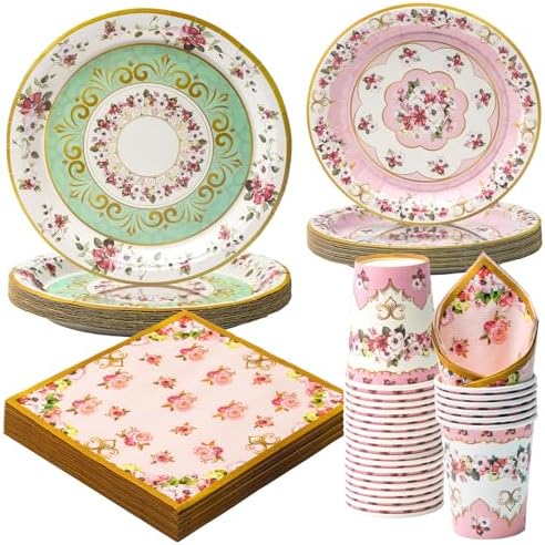 96 Pcs Floral Pink Green Party Plates Set for 24 Guests