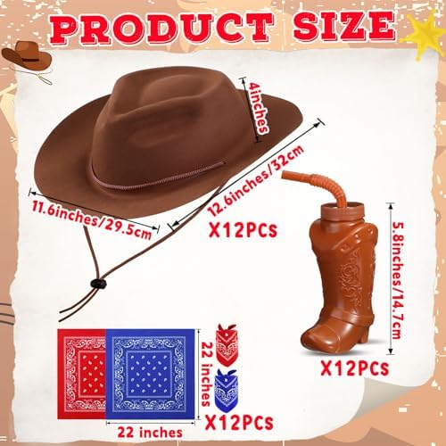 Xtinmee 36 Pcs Cowboy Party Hats Bandanas Cups Set