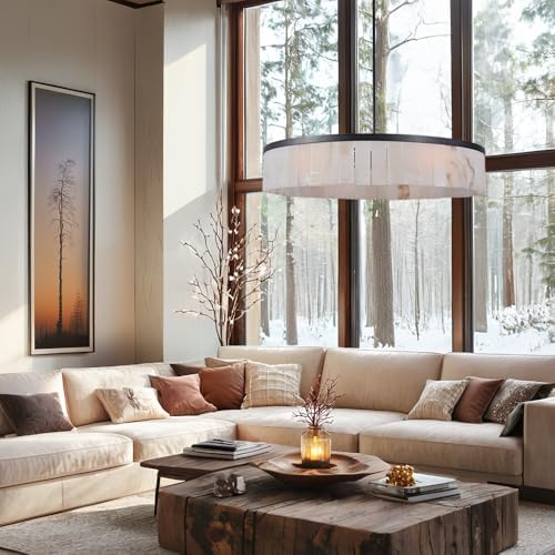 Alabaster Rustic Chandelier with Black Iron Frame