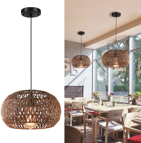 Boho Rattan Chandelier with Handwoven Lampshade for Farmhouse Kitchen Living Room