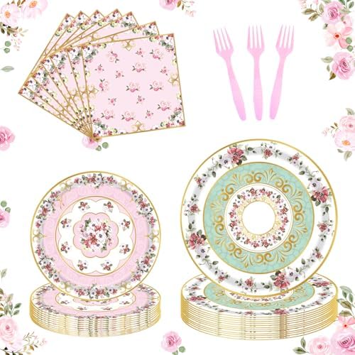 96pcs Floral Party Plates Napkins Forks Set for 24 Guests