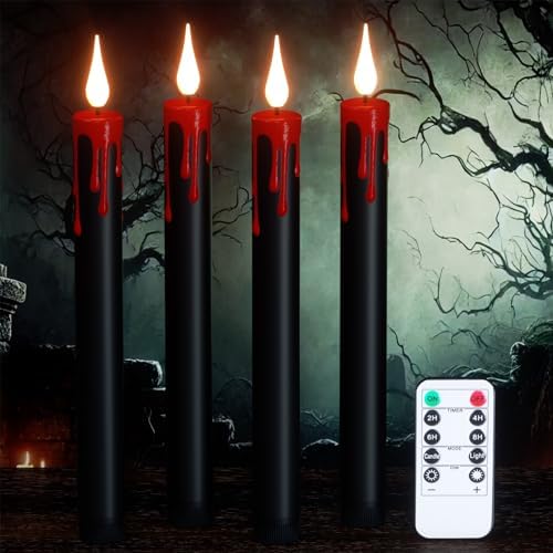 Lasumora Halloween Black Flameless Taper Candles with Remote Timer 4 Pcs