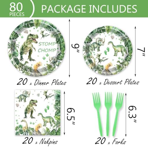 100 Pcs Dinosaur Party Tableware Green Plates Napkins Cups Forks