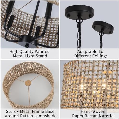 LASENCHOO 5 Light Rattan Drum Chandelier with Height Adjustment